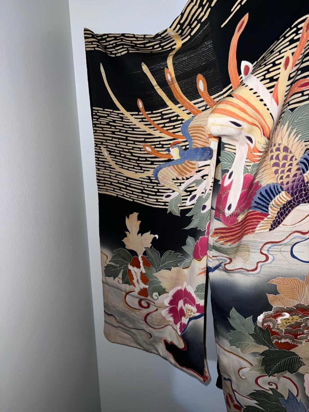 Vintage Japanese Silk Kurotomesode Kimono Hand Painted Floral Gold Embroidery - Picture 7 of 16
